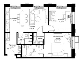 Планировка двухкомнатной(квартира) площадью 65.49 квадратных метров в “Архитектурный проект Мыс”