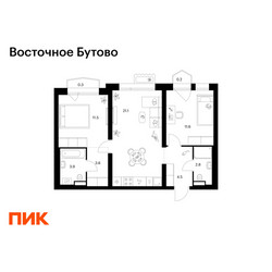 Планировка двухкомнатной(квартира) площадью 59.5 квадратных метров в ЖК “ЖК Восточное Бутово”