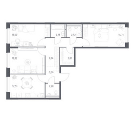 Планировка трехкомнатной(квартира) площадью 78.35 квадратных метров в ЖК “ЖК Богдановский Лес”