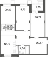 Планировка трехкомнатной(квартира) площадью 93.69 квадратных метров в “ЖК Времена года”