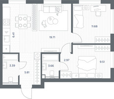 Планировка двухкомнатной(квартира) площадью 63.14 квадратных метров в “ЖК TATE (Тэйт)”