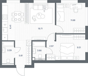 Планировка двухкомнатной(квартира) площадью 63.14 квадратных метров в ЖК “ЖК TATE (Тэйт)”