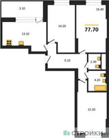 Планировка трехкомнатной(квартира) площадью 77.7 квадратных метров в “ЖК Рассказово”