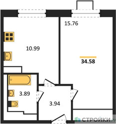 Планировка однокомнатной(квартира) площадью 34.58 квадратных метров в ЖК “ЖК Прибрежный Парк”