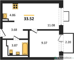 Планировка однокомнатной(квартира) площадью 33.52 квадратных метров в “ЖК Подольские кварталы”