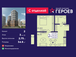 Планировка двухкомнатной(квартира) площадью 34.6 квадратных метров в “ЖК Героев”