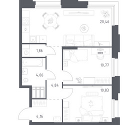 Планировка двухкомнатной(апартаменты) площадью 56.98 квадратных метров в ЖК “ЖК Апарт-отель Тропарево парк”
