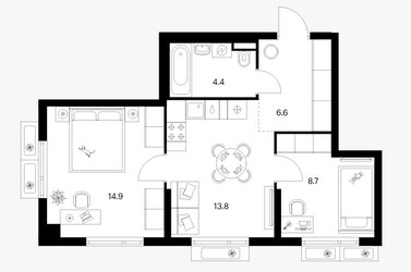 Планировка двухкомнатной(квартира) площадью 48.9 квадратных метров в ЖК “ЖК Саларьево парк”