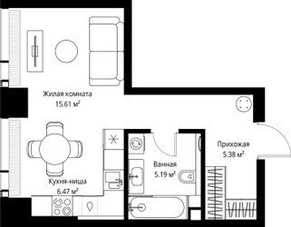 Планировка студии(квартира) площадью 32.65 квадратных метров в ЖК “ЖК Веер”