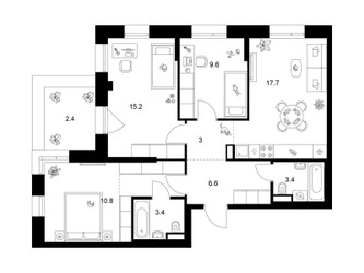 Планировка трехкомнатной(квартира) площадью 77.1 квадратных метров в ЖК “ЖК Саларьево парк”