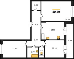 Планировка трехкомнатной(квартира) площадью 80.8 квадратных метров в “ЖК Эдельвейс (Первомайское)”
