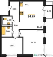 Планировка двухкомнатной(квартира) площадью 56.15 квадратных метров в “ЖК Прибрежный Парк”