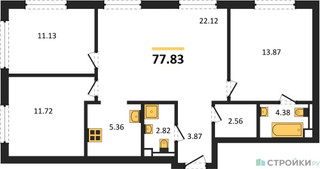 Планировка трехкомнатной(квартира) площадью 77.83 квадратных метров в “ЖК TATE (Тэйт)”
