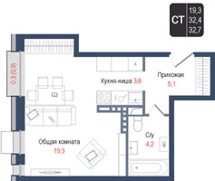 Планировка студии(квартира) площадью 32.4 квадратных метров в “ЖК КИНОКВАРТАЛ”