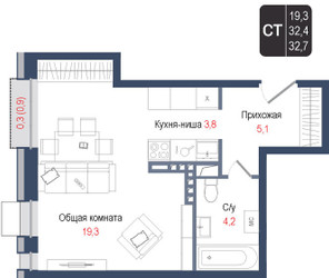 Планировка студии(квартира) площадью 32.4 квадратных метров в ЖК “ЖК КИНОКВАРТАЛ”