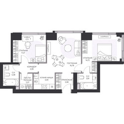 Планировка трехкомнатной(квартира) площадью 64.7 квадратных метров в ЖК “ЖК Hide (Хайд)”
