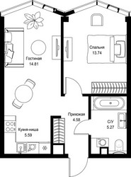 Планировка однокомнатной(квартира) площадью 43.99 квадратных метров в ЖК “Дом премиум-класса МИРА”