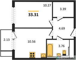 Планировка однокомнатной(квартира) площадью 33.31 квадратных метров в “ЖК Остафьево”