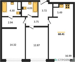 Планировка двухкомнатной(квартира) площадью 68.8 квадратных метров в “ЖК Собрание клубных домов West Garden (Вест Гарден)”