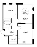 Планировка двухкомнатной(квартира) площадью 59.1 квадратных метров в “ЖК Переделкино Ближнее”