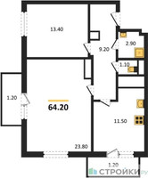 Планировка двухкомнатной(квартира) площадью 64.2 квадратных метров в “ЖК Одинцово Сити”