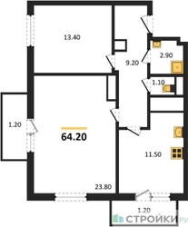 Планировка двухкомнатной(квартира) площадью 64.2 квадратных метров в ЖК “ЖК Одинцово Сити”