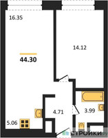 Планировка однокомнатной(квартира) площадью 44.3 квадратных метров в “ЖК Собрание клубных домов West Garden (Вест Гарден)”