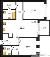 Планировка двухкомнатной(квартира) площадью 72.4 квадратных метров в “ЖК Дом А”