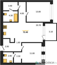 Планировка двухкомнатной(квартира) площадью 72.4 квадратных метров в ЖК “ЖК Дом А”