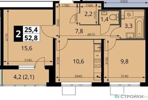 Планировка двухкомнатной(квартира) площадью 52.8 квадратных метров в “ЖК 1-й Южный (Первый Южный)”