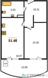 Планировка однокомнатной(квартира) площадью 51.48 квадратных метров в ЖК “ЖК Дом‐Мегалит в Королёве”