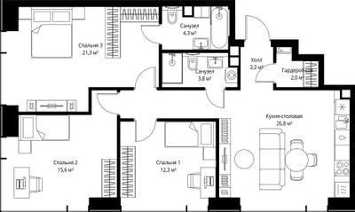 Планировка трехкомнатной(квартира) площадью 88.3 квадратных метров в ЖК “ЖК Веер”