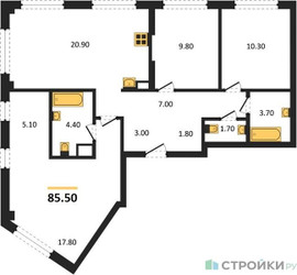 Планировка трехкомнатной(квартира) площадью 85.5 квадратных метров в ЖК “ЖК Sokolinn Park (Соколинн Парк)”