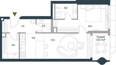 Планировка двухкомнатной(квартира) площадью 68.4 квадратных метров в ЖК “ЖК Springs (Спрингс)”