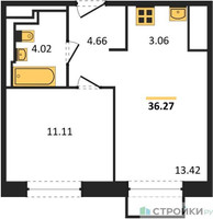 Планировка однокомнатной(квартира) площадью 36.27 квадратных метров в “ЖК Долина Яузы”
