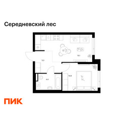 Планировка однокомнатной(квартира) площадью 35.6 квадратных метров в ЖК “ЖК Середневский лес”