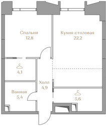 Планировка однокомнатной(квартира) площадью 55 квадратных метров в ЖК “ЖК Коллекция Лужники”