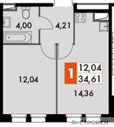 Планировка однокомнатной(апартаменты) площадью 34.61 квадратных метров в ЖК “ЖК Движение. Говорово”