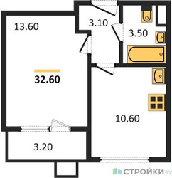 Планировка однокомнатной(квартира) площадью 32.6 квадратных метров в ЖК “ЖК ЮЖНАЯ БИТЦА”