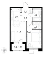 Планировка двухкомнатной(квартира) площадью 44.9 квадратных метров в “ЖК 1-й Саларьевский (Первый Саларьевский)”