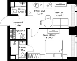 Планировка однокомнатной(квартира) площадью 36.67 квадратных метров в “ЖК Веер”
