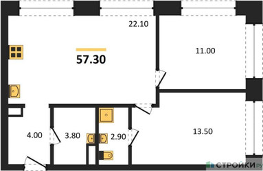 Планировка двухкомнатной(квартира) площадью 57.9 квадратных метров в ЖК “ЖК Wave (Вейв)”