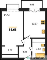 Планировка однокомнатной(квартира) площадью 36.63 квадратных метров в “ЖК Одинбург”