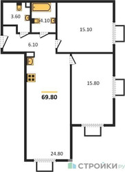 Планировка двухкомнатной(квартира) площадью 70 квадратных метров в “ЖК ParkSide (Парксайд)”