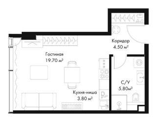 Планировка студии(квартира) площадью 33.8 квадратных метров в ЖК “ЖК Слава”