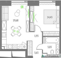 Планировка однокомнатной(квартира) площадью 44.7 квадратных метров в “ЖК Upside Towers (Апсайд Тауэрс)”