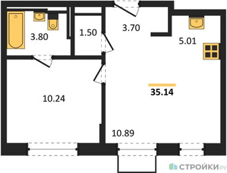 Планировка однокомнатной(квартира) площадью 35.14 квадратных метров в ЖК “ЖК Квартал Домашний”