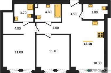 Планировка двухкомнатной(квартира) площадью 63.5 квадратных метров в ЖК “ЖК Мангазея на Тульской”