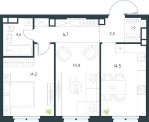 Планировка двухкомнатной(квартира) площадью 59.1 квадратных метров в ЖК “ЖК Левел Нижегородская”