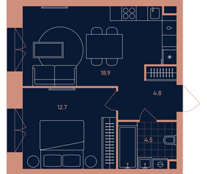 Планировка двухкомнатной(квартира) площадью 40.9 квадратных метров в ЖК “Квартал Эра”